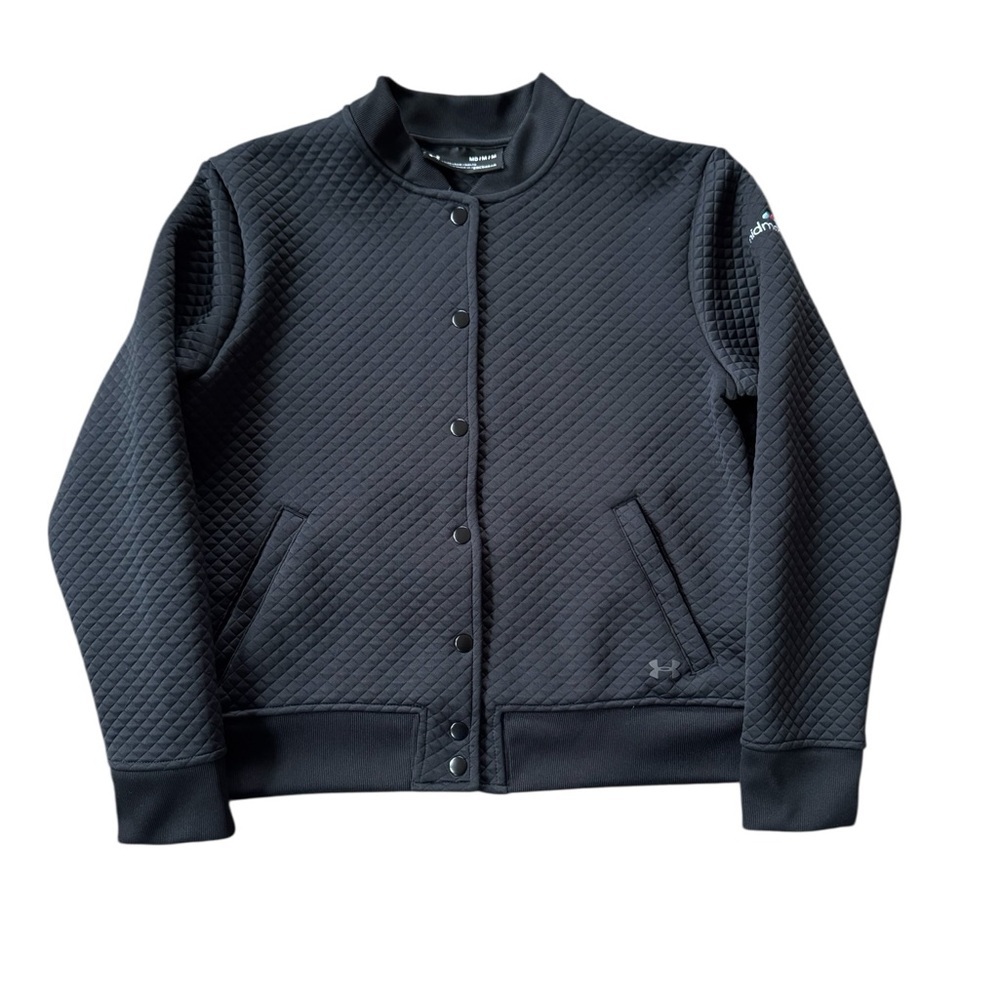 Under Armour ColdGear Bomber Jacket Womens M Black Quilted Snap Front Logo